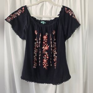 Floral Embroidered Navy Print Boho Linen Blend Blouse Size S